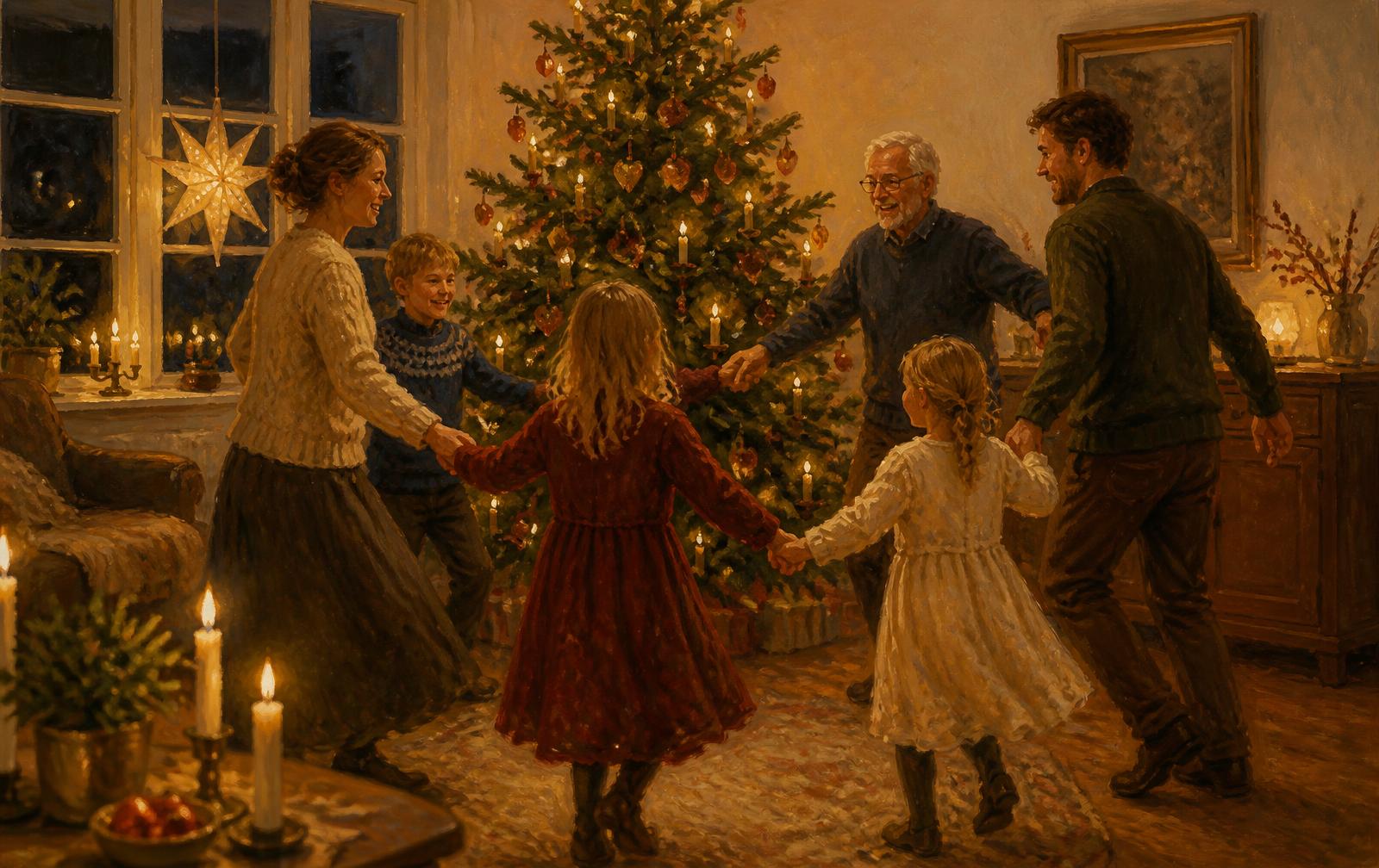 Familie danser hånd i hånd om et pyntet juletræ med levende lys i en dansk stue